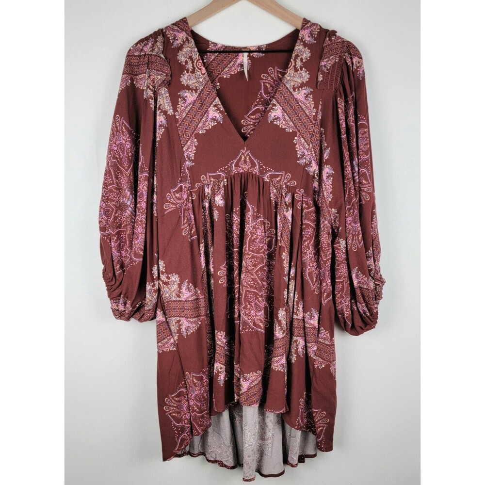 Free People Sz S Maroon Boho V-Neck Tunic Peasant Blouse Top "Girl Talk" Print